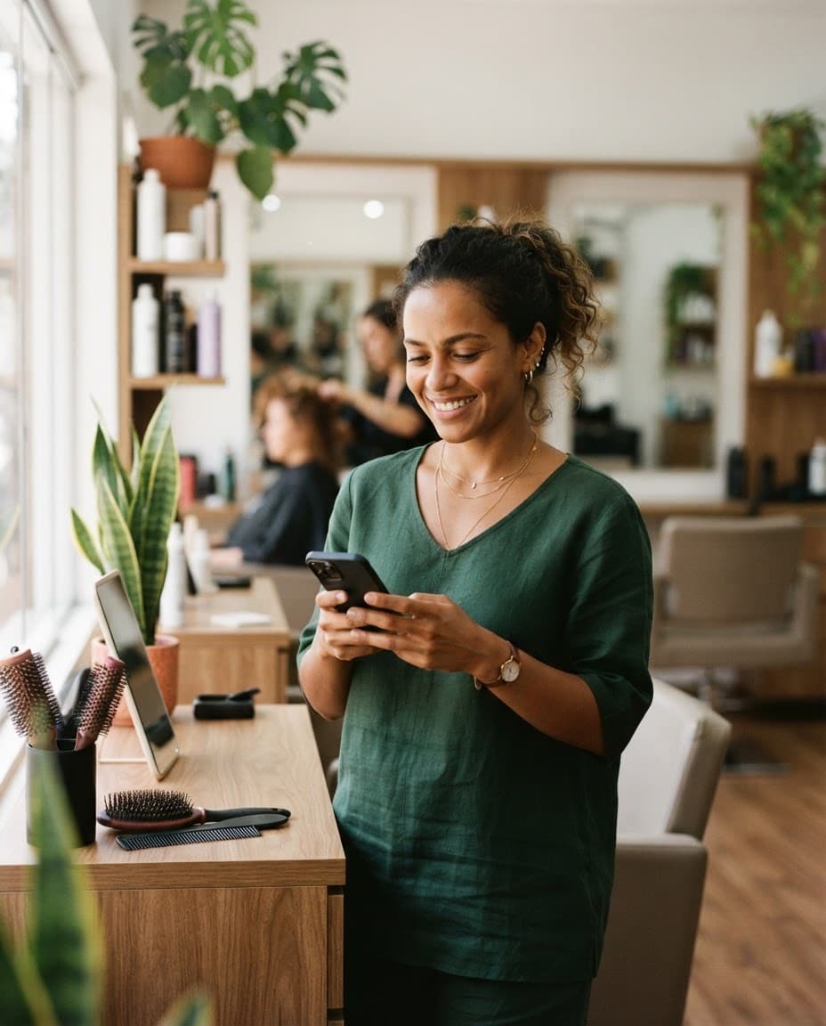 Dona de um salão de beleza consultando o celular